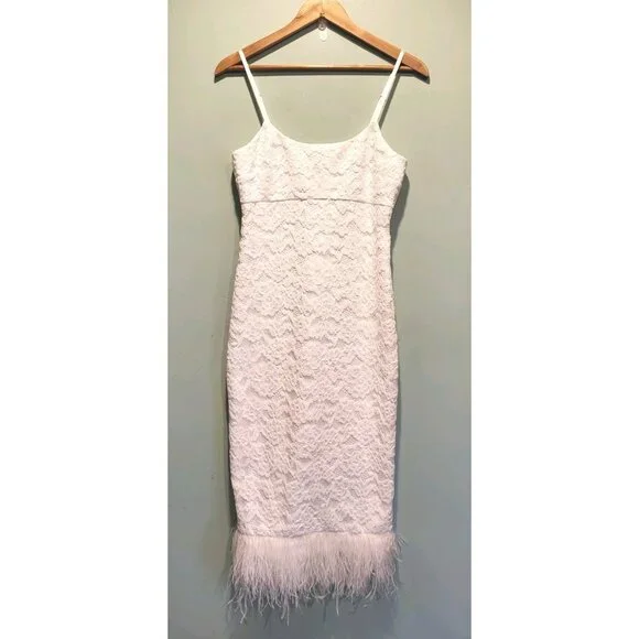 Likely Mari White Midi Dress Sz 4 Sleeveless Lace Feathers Empire Waist - Picture 2 of 9